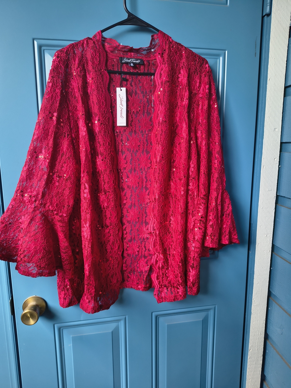Lace Sequin Open-Front Shrug in Bright Pink by